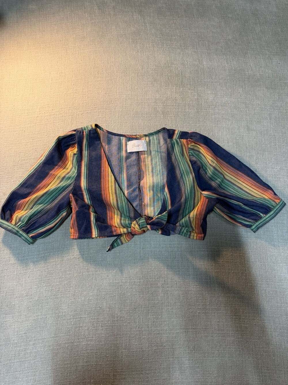 Blush Boutique Multi-Color Striped Tie-Front Puff Sleeve Crop Top